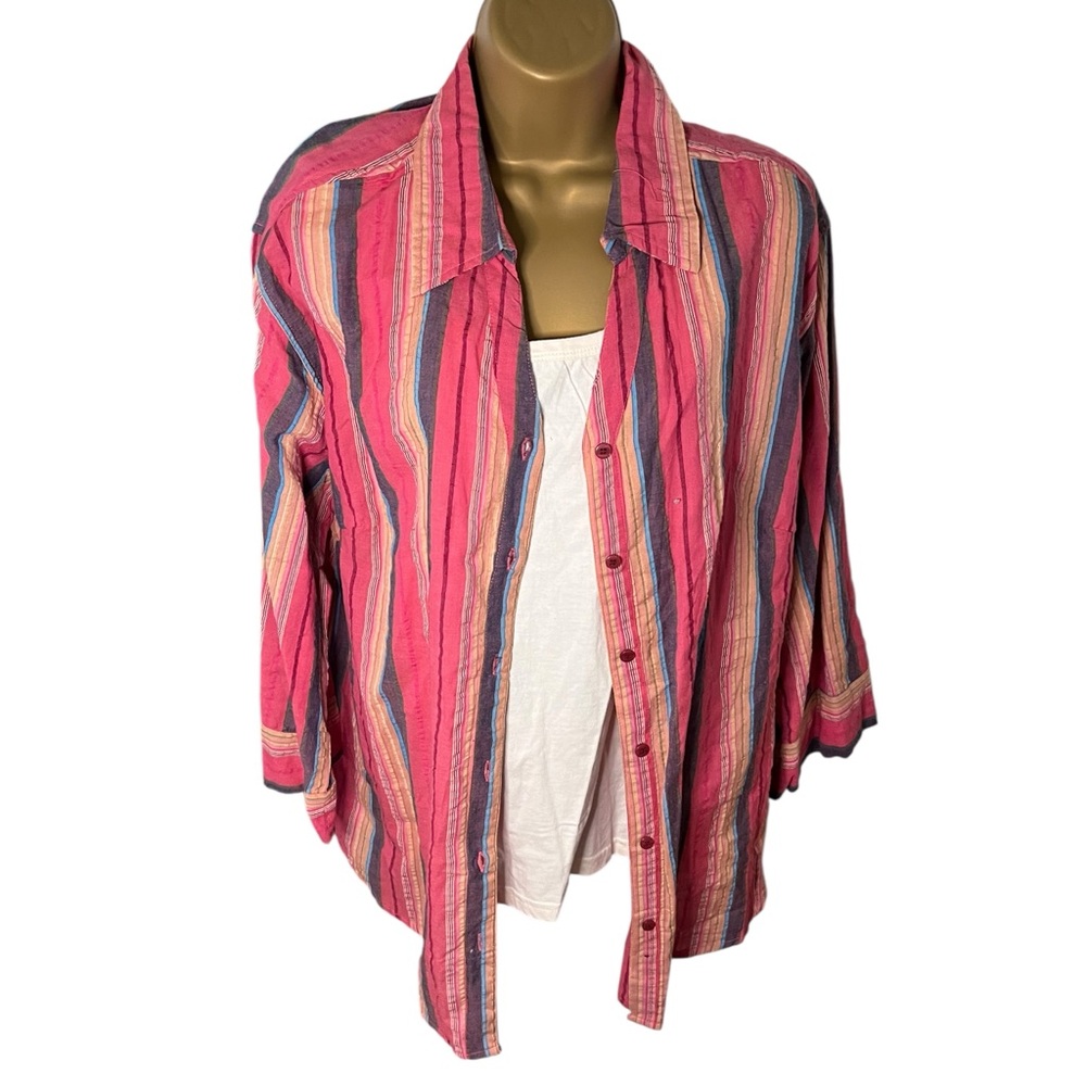 Vintage Y2K Company One Striped Button Down Shirt Textured Slub Cotton Pink 2X